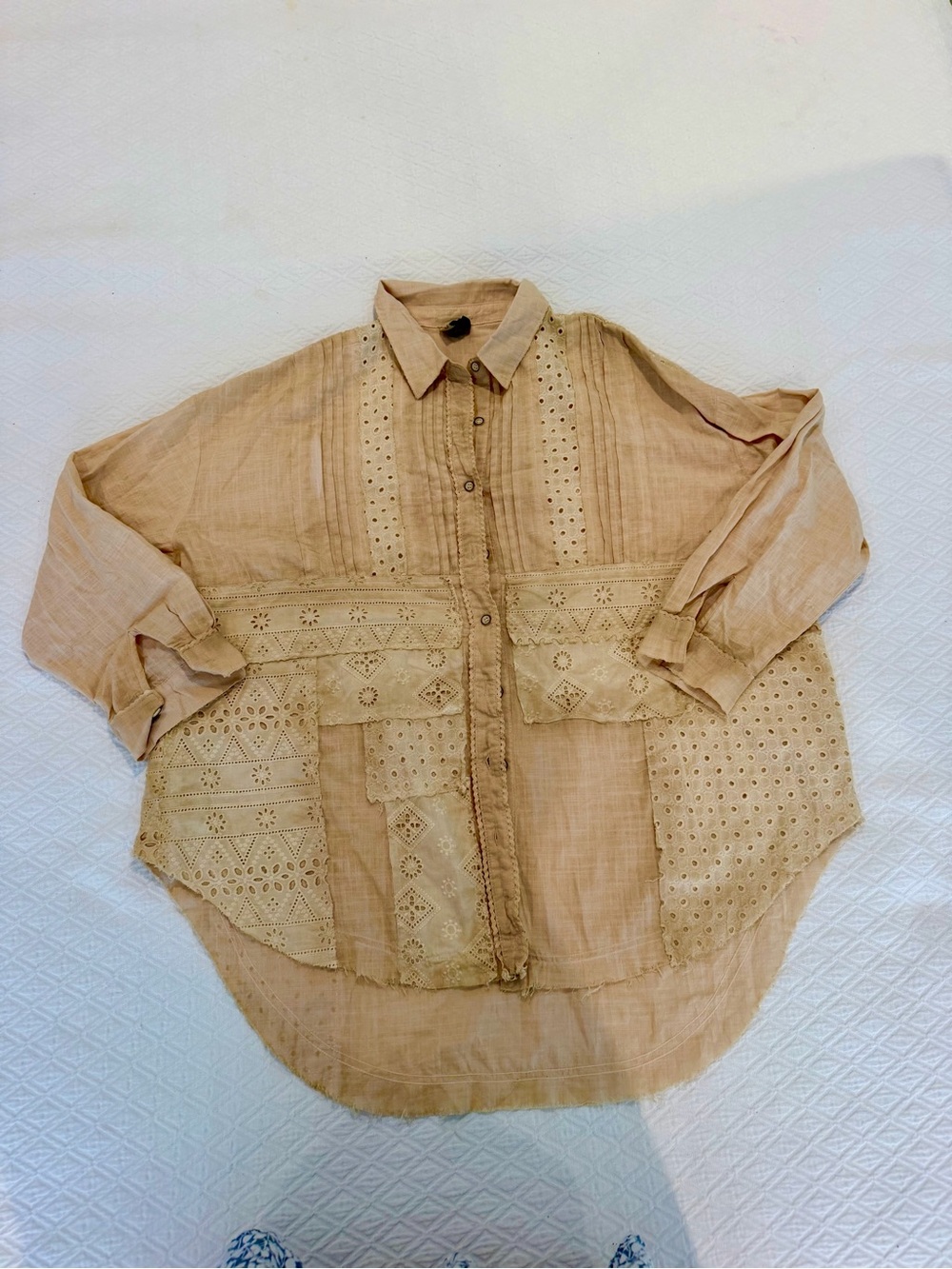 Boho Eyelet Patchwork Button-Down Shirt in Light Tan